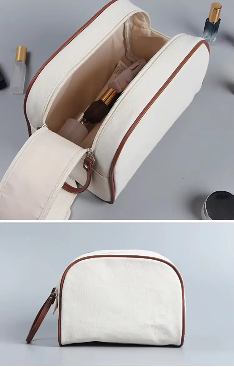 Detailed cross-section view of the dual compartment cosmetic bag showing structured independent storage layers